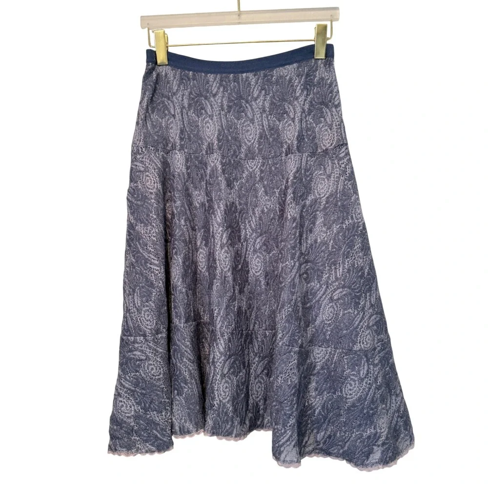 Free People Blue Paisley Lace Midi Skirt Shimmer Tiered Boho Medium‎